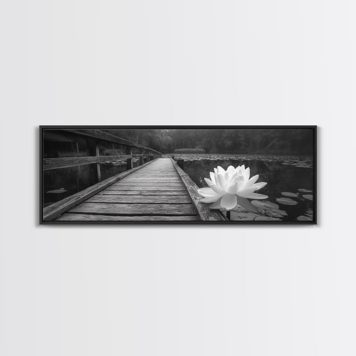 Water Lily, Peaceful Pond, Wooden Dock, Framed Canvas Print, Zen Wall Art, Meditation Room Decor, Black and White Nature Art