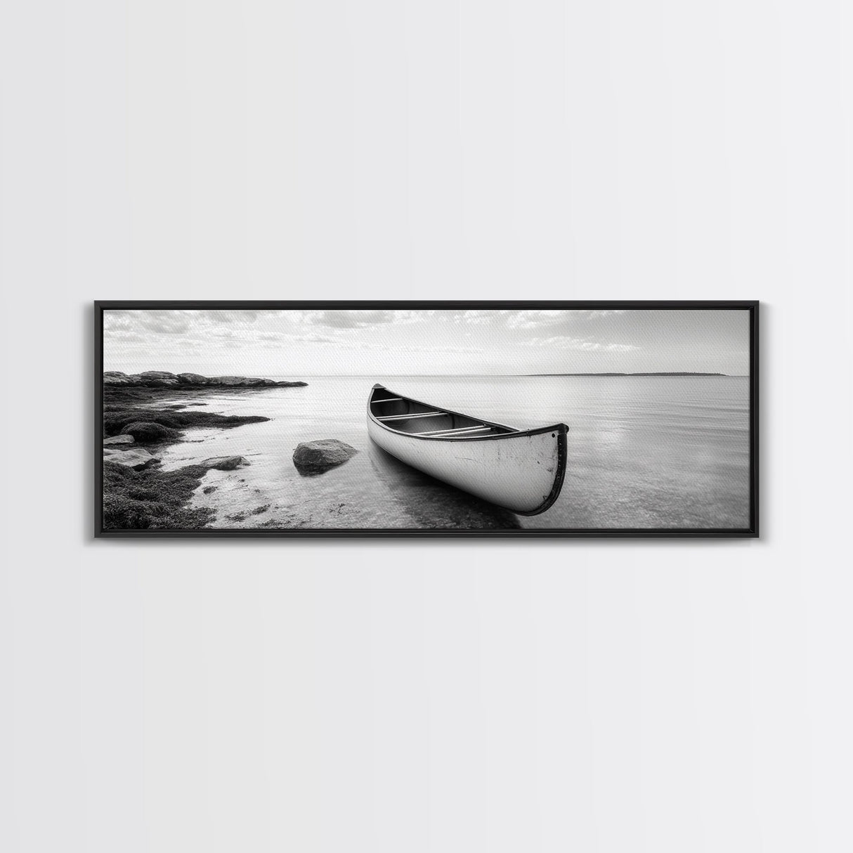Canoe Shore, Coastal Calm, Nature Paddle, Tranquil Waters, Canvas Print, minimalist outdoor art, boho lake decor, living room wall piece