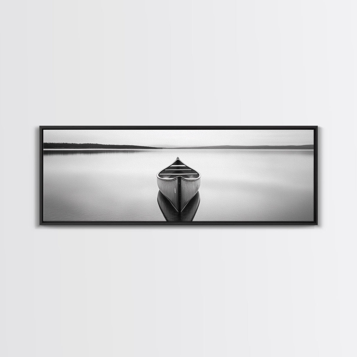 Still Canoe, Lake Mirror, Serene Water, Monochrome Boat, Framed Canvas Print, minimalist wall art, peaceful bedroom decor, boho lake style