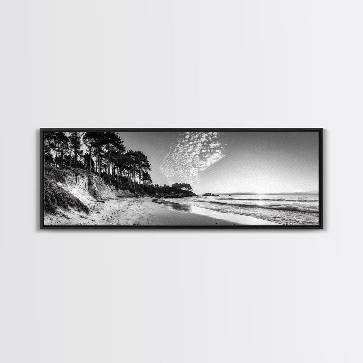 Forest Edge Beach, Coastal Sandscape, Sunset Sky, Canvas Print, Black and White Landscape, Coastal Living Room Art, Natural Vibes