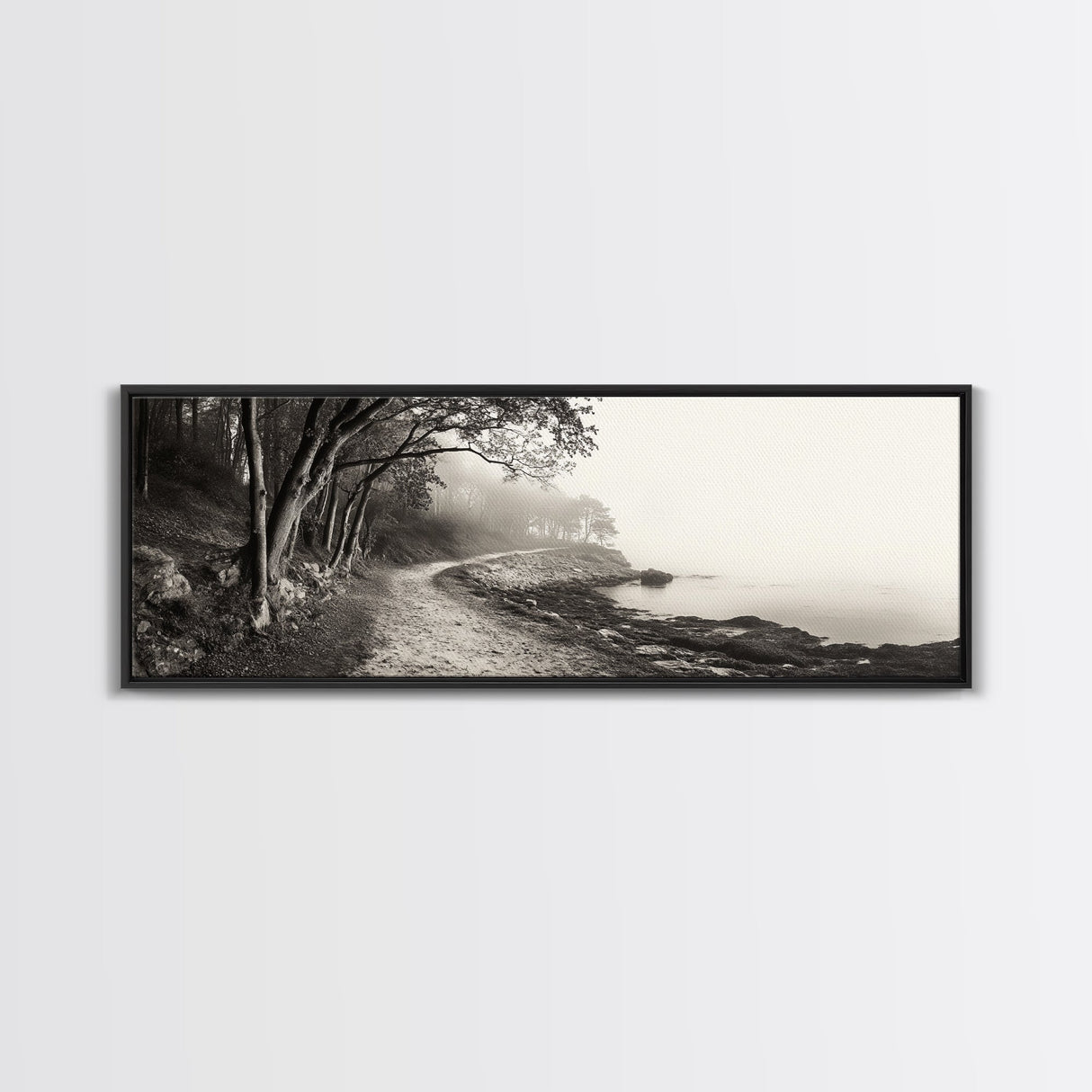 Forest Path, Misty Woods, Quiet Trail, Coastal Fog, Framed Canvas Print, Scandinavian Decor, Entryway Art, Minimal Nature Photography