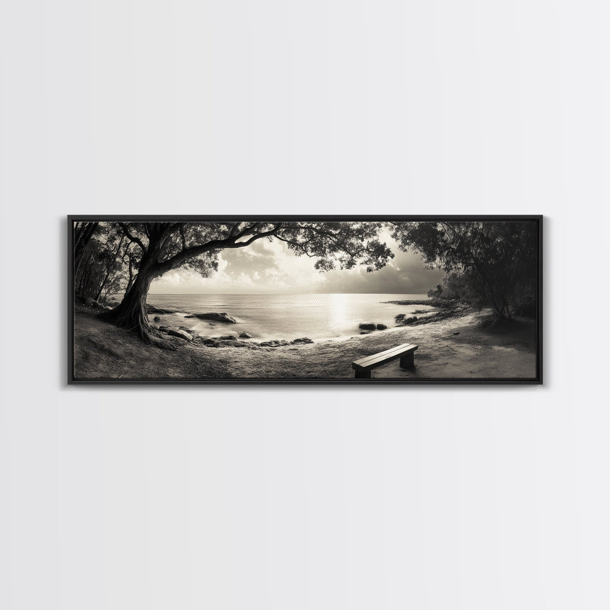 Serene Bench, Ocean View, Tropical Shoreline, Framed Canvas Print, Tranquil Beach Art, Entryway Decor, Nature Photography Wall Art