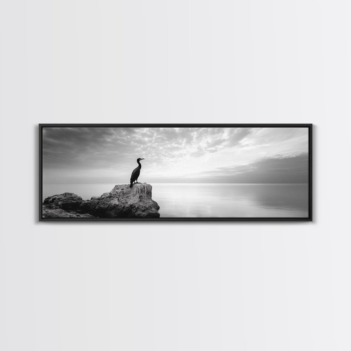 Solitary Bird, Ocean Rock, Minimalist Seascape, Canvas Print, Peaceful Wall Art, Zen Decor, Black and White Living Room Accent