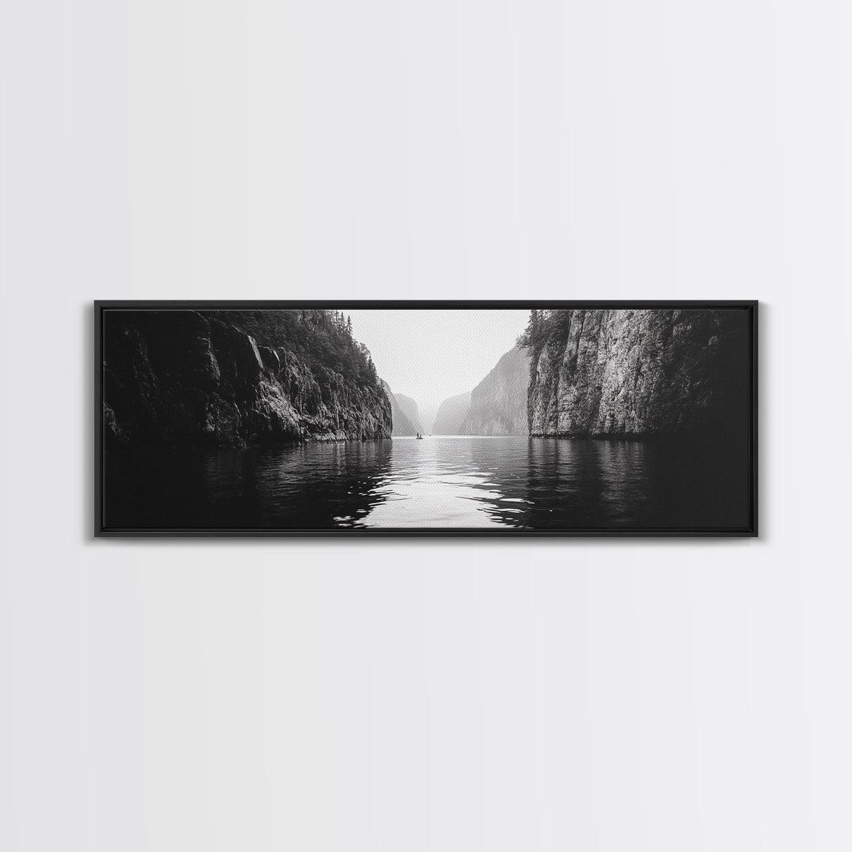 Misty Canyon, River Passage, Tranquil Adventure, Canvas Print, Nature Escape Wall Art, Zen Office Decor, Moody Black and White Style