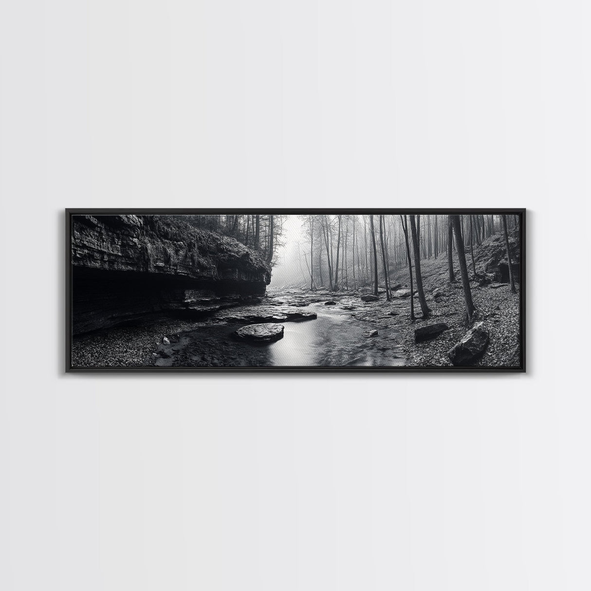 Misty River, Tranquil Forest, Autumn Nature, Monochrome Photography, Framed Canvas Print, Bedroom Wall Art, Rustic Decor, Minimalist Style