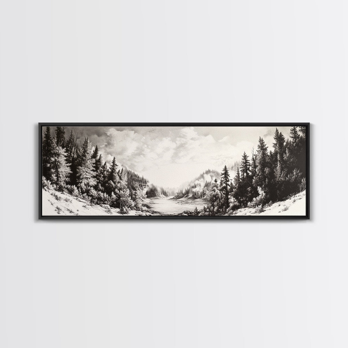 Snowy Pines, Winter Landscape, Woodland Valley, Fine Art Nature, Framed Canvas Print, Cabin Wall Art, Mountain Decor, Rustic Winter Scene