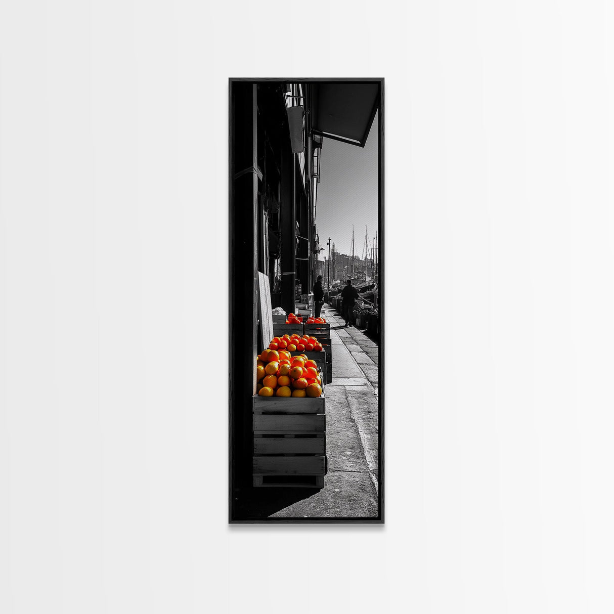 Orange Crates, Market Scene, Harbor View, Urban Life – Framed Canvas Print, Kitchen Wall Art, Rustic Market Decor, Fall City Aesthetic