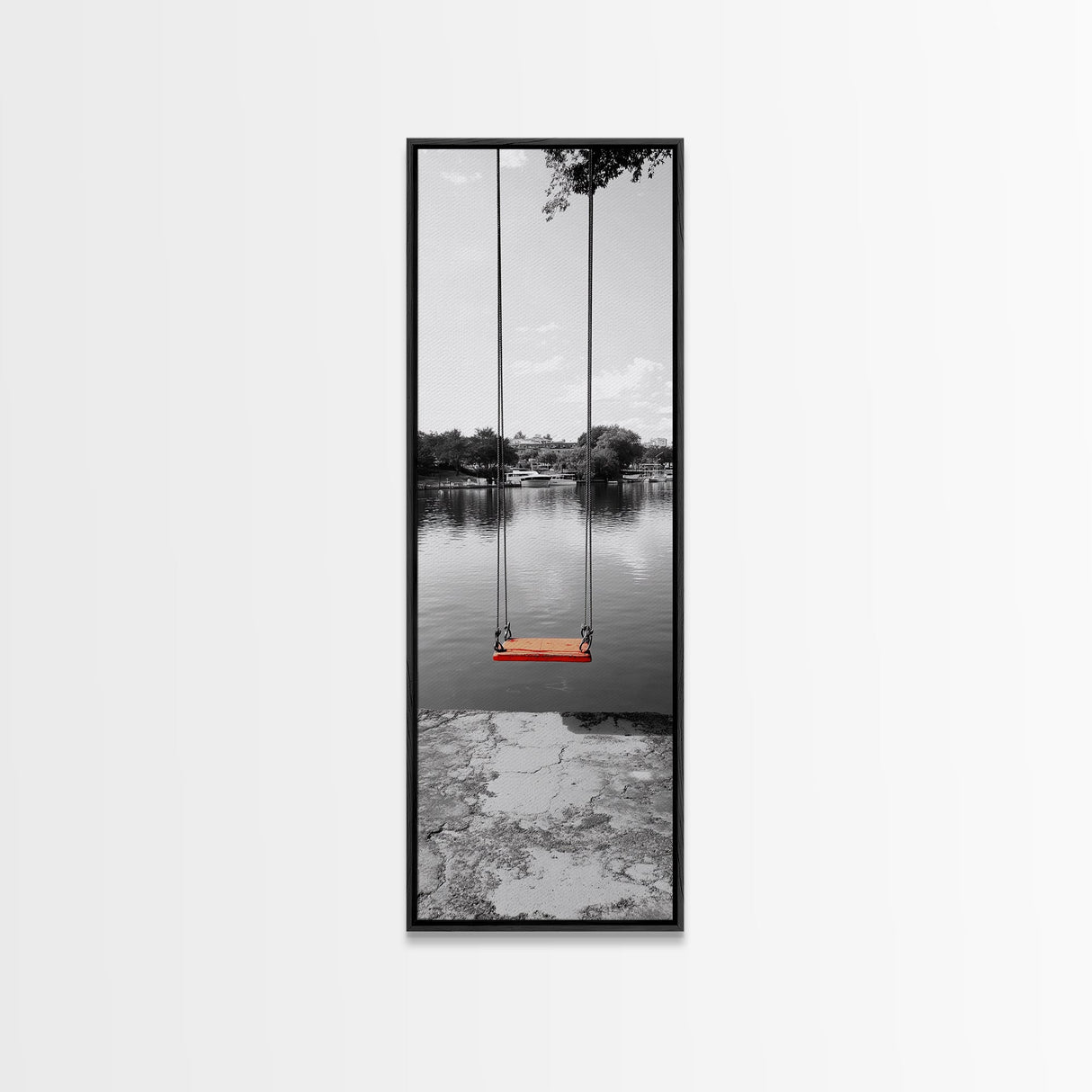 Swing Over Lake, Still Waters, Childhood Memories, Tranquil View – Canvas Print, Minimalist Wall Art, Kids Room Decor, Serene Black and White