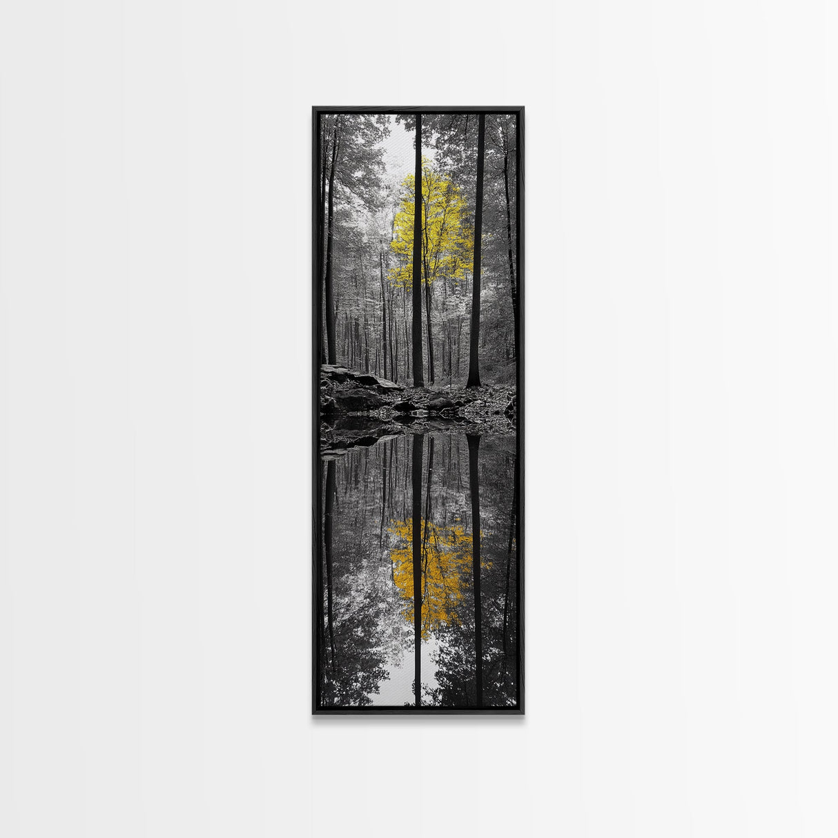Yellow Tree, Autumn Woods, Forest Reflection, Nature Glow, Framed Canvas Print, Fall Wall Art, Rustic Decor, Cabin Art, Earthy Tones