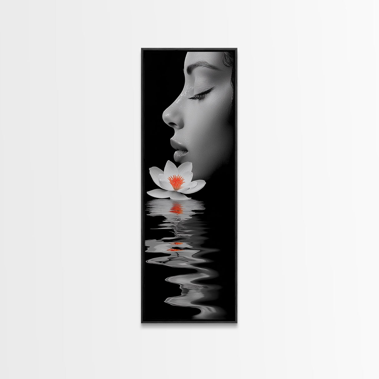 Lotus Beauty, Reflection Art, Feminine Calm, Elegant Profile, Framed Canvas Print, Spa Wall Art, Zen Decor, Minimalist Bathroom Art