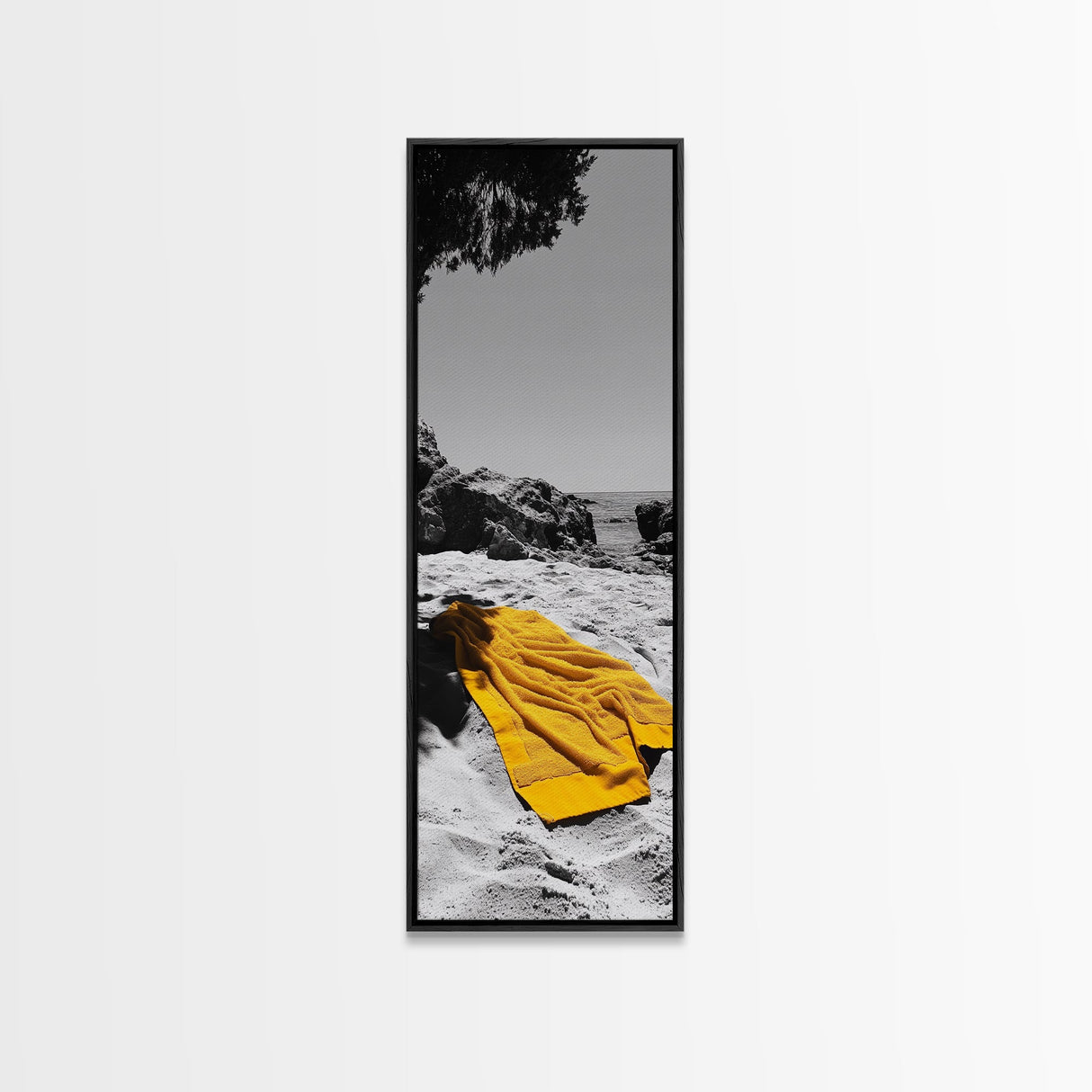 Yellow Towel, Secluded Beach, Summer Moment, Framed Canvas Print, Coastal Bathroom Art, Minimalist Beach Decor, Relaxation Wall Art