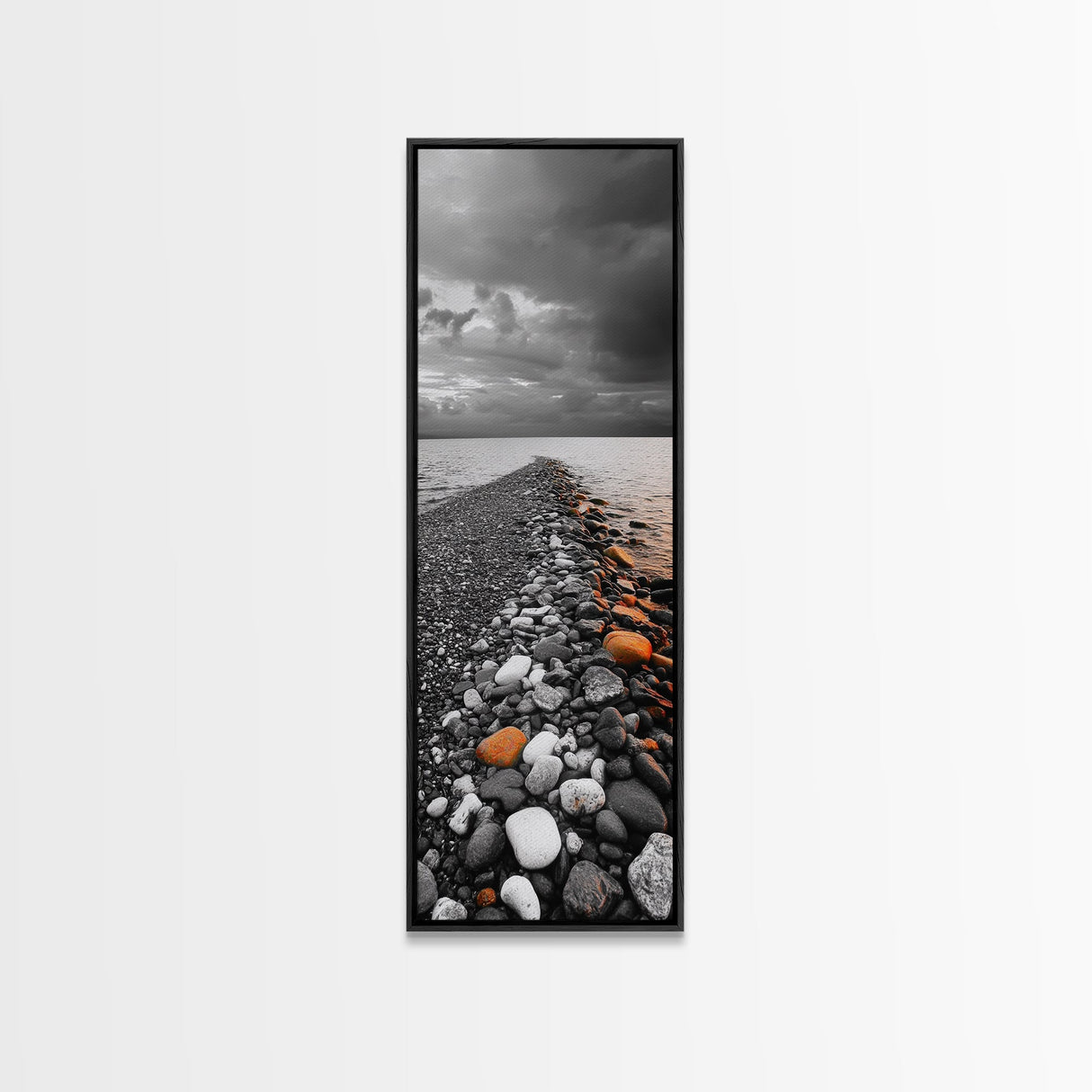 Rocky Shoreline, Sunset Glow, Ocean Path, Coastal Landscape, Canvas Print, Tranquil Nature Art, Bathroom Wall Decor Coastal Style