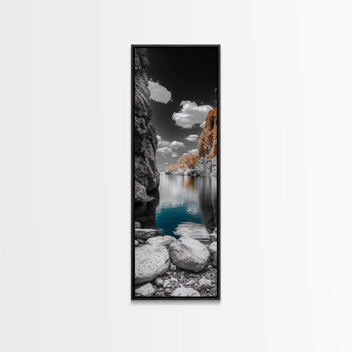 Cliffside Bay, Azure Reflection, Dramatic Seascape, Nature Landscape, Framed Canvas Print, Bathroom Art, Modern Wall Decor, Ocean View