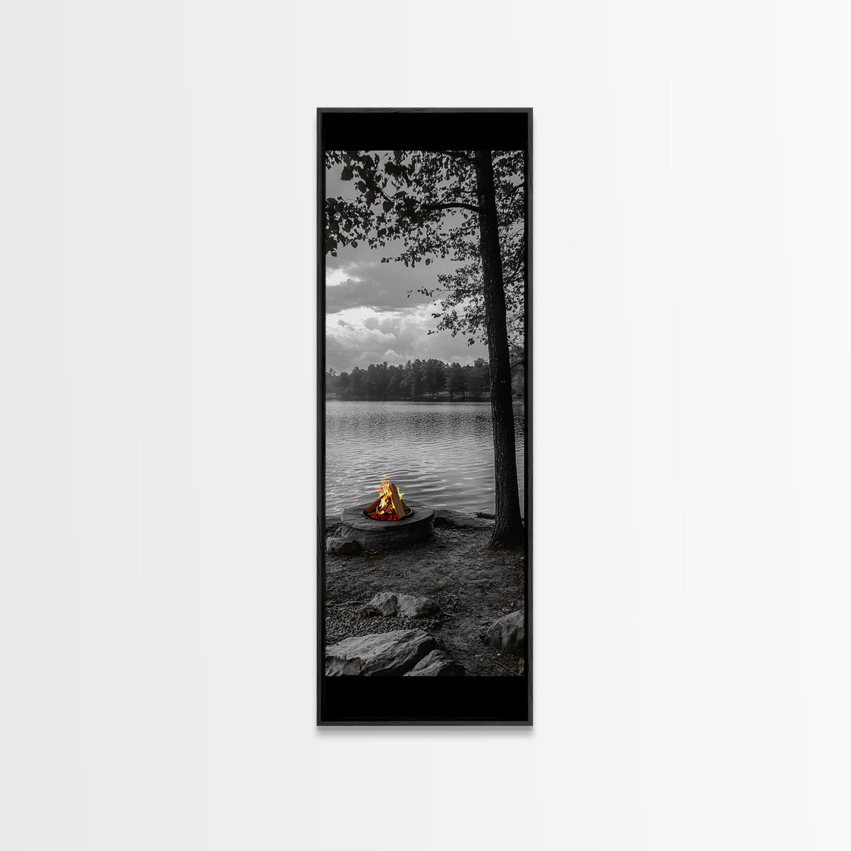 Autumn Campfire Scene, Cozy Outdoors, Fall Evening Glow, Lakeside Calm, Framed Canvas Print Cabin Decor, Living Room Autumn Wall Art