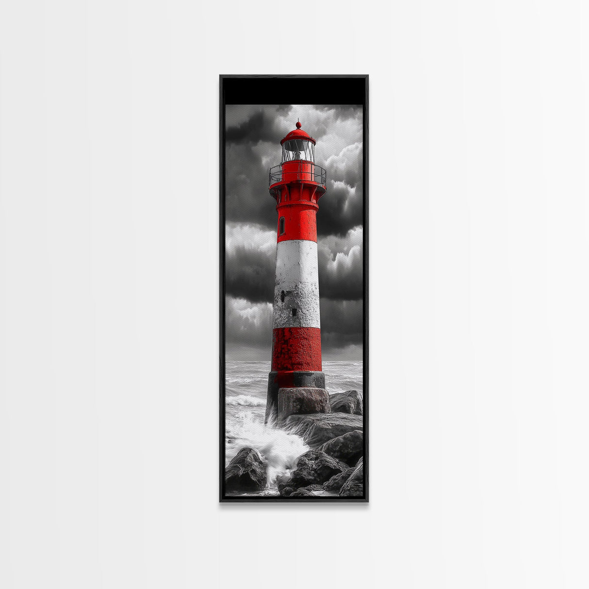 Red Lighthouse Storm, Coastal Beacon Art, Dramatic Seascape, Nautical Scene, Framed Canvas Print Living Room Wall Art, Moody Decor