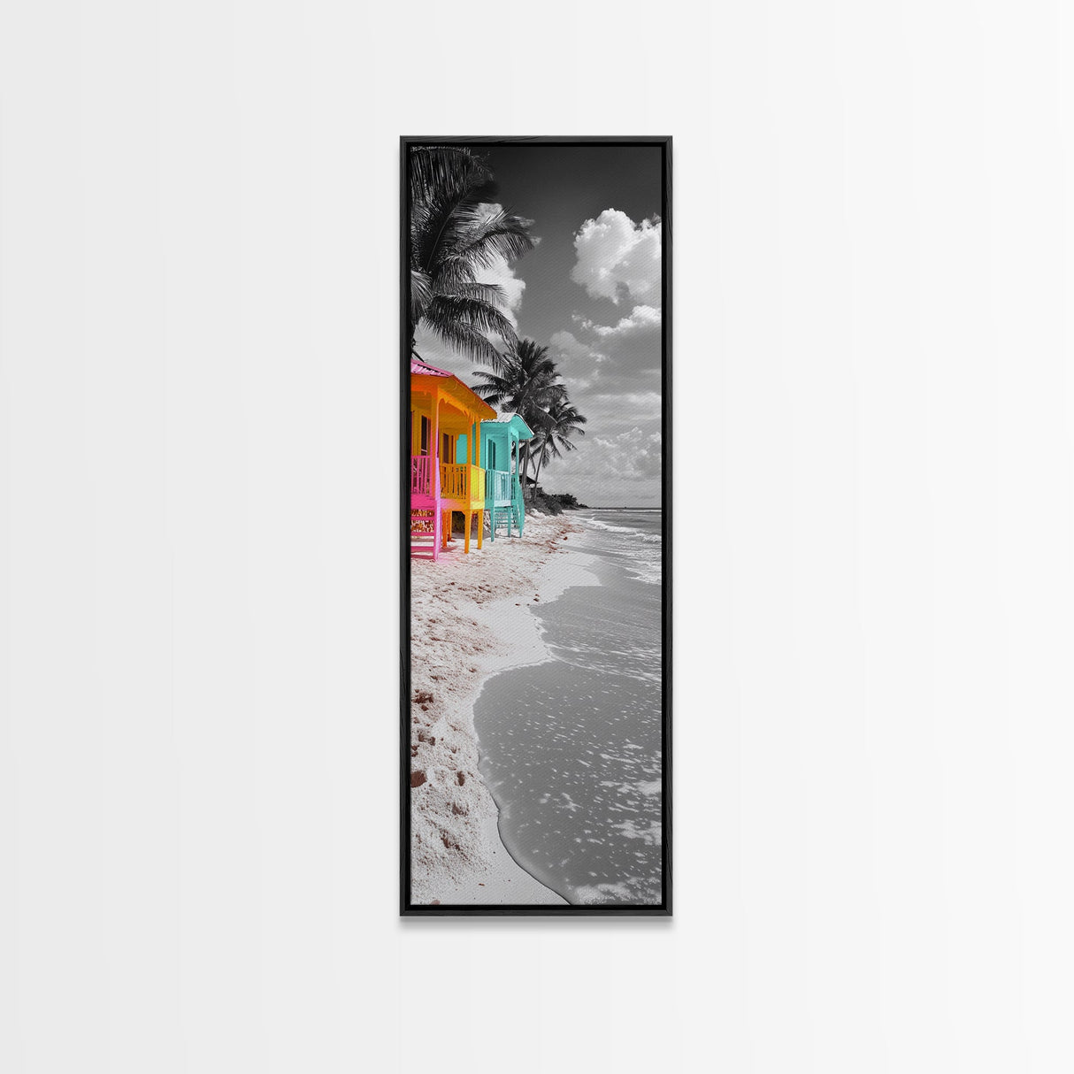 Colorful Beach Houses, Palm Trees, Coastal Row, Framed Canvas Print, Tropical Living Room Art, Boho Seaside Decor, Vibrant Beach Style