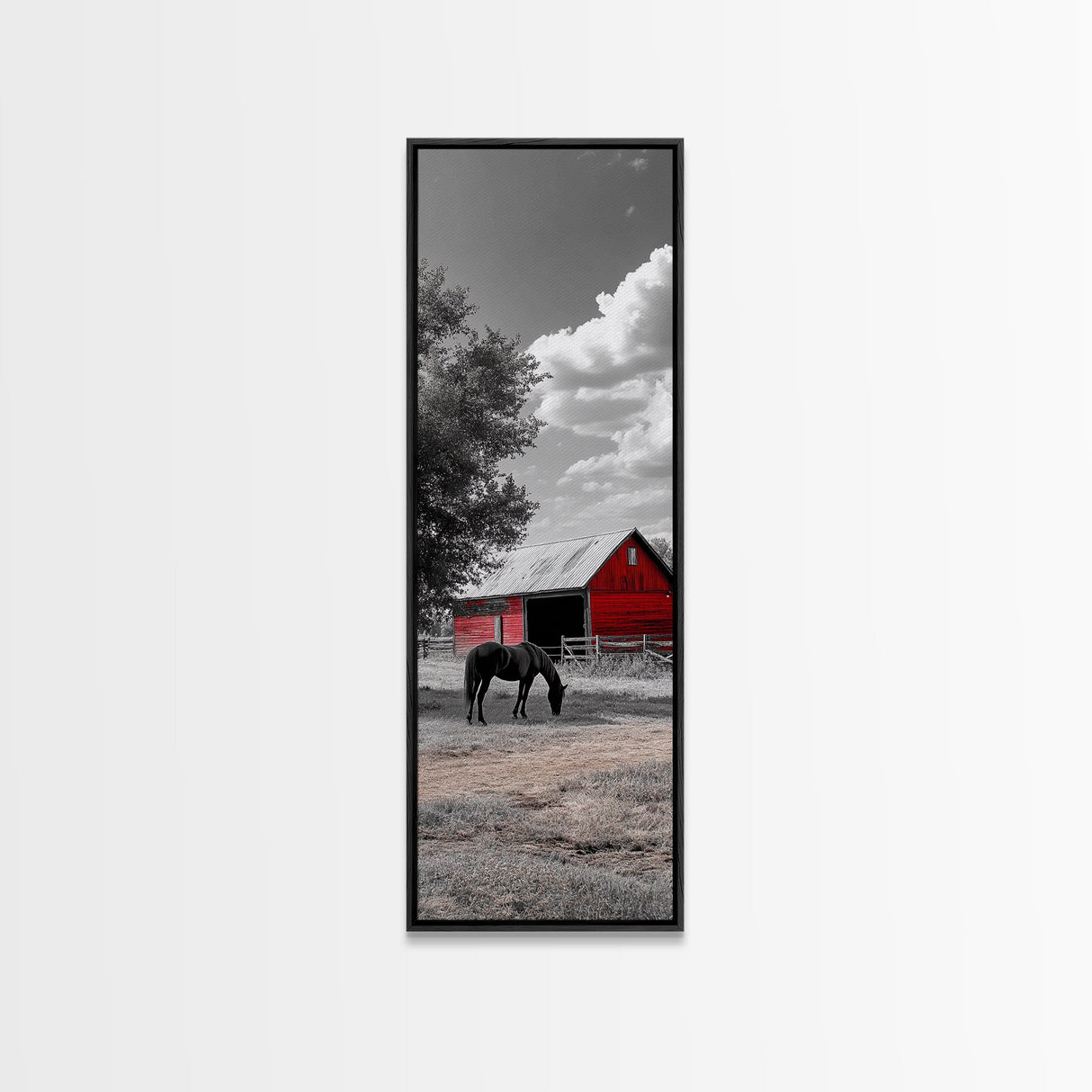 Red Barn, Black Horse, Country Charm, Rustic Farm Framed Canvas Print, farmhouse wall decor, autumn art, rustic bedroom wall art