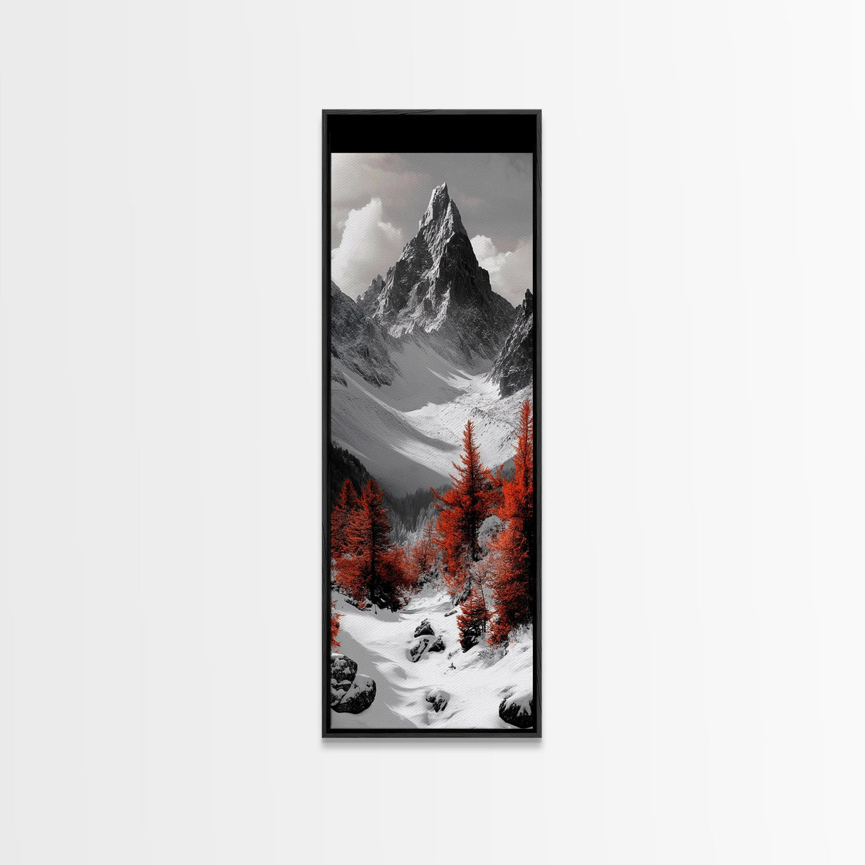 Red Trees, Snowy Mountain, Dramatic Landscape, Framed Canvas Print, Winter Wonderland Art, Office Wall Decor, Moody Nature Scene Print