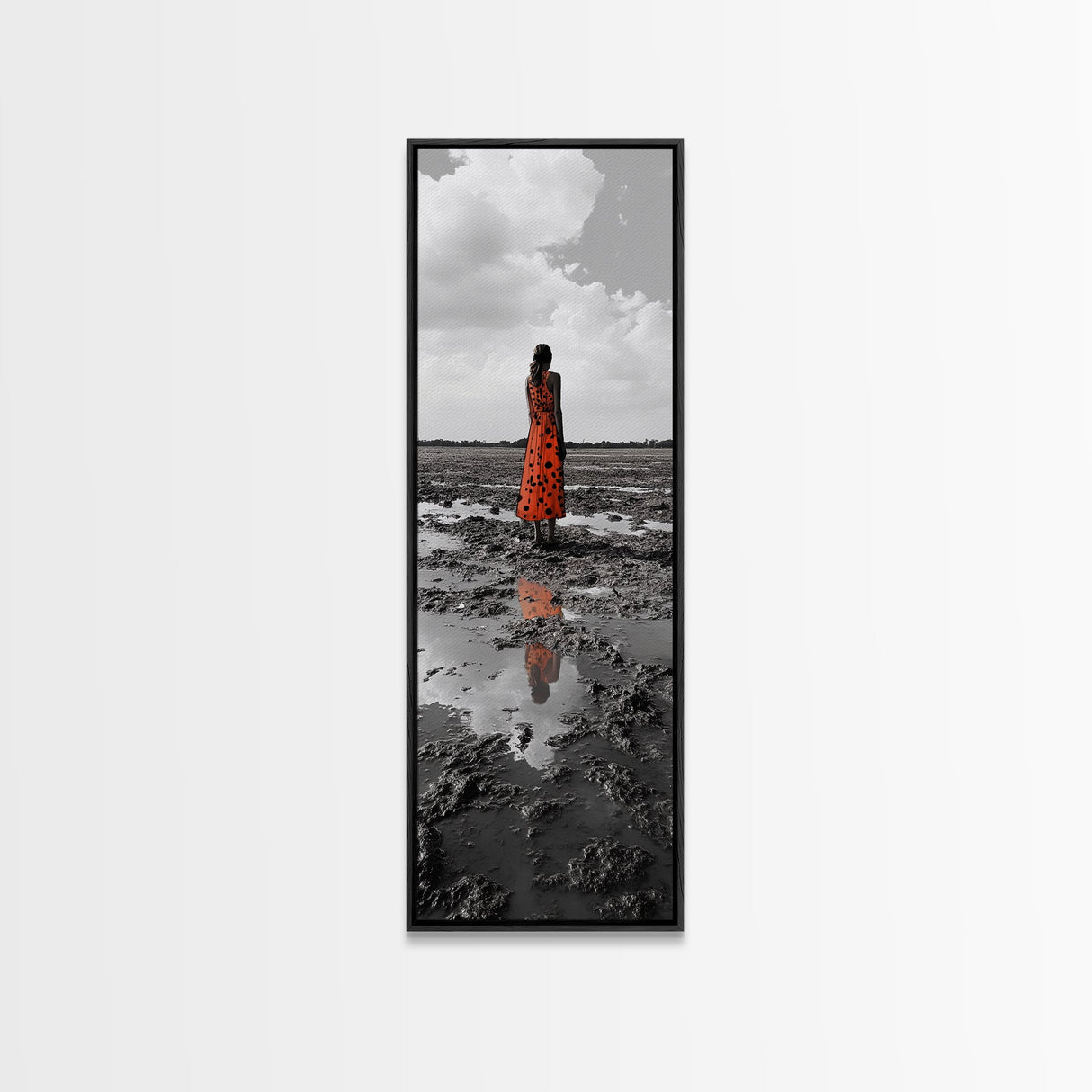 Solitary Woman, Polka Dot Dress, Reflected Mood, Framed Canvas Print, Surreal Fine Art, Bedroom Wall Art, Contemporary Minimalist Style
