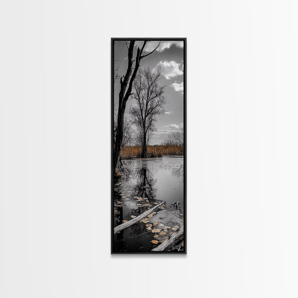 Swamp Trees, Moody Waters, Golden Lilies, Reflective Pond, Framed Canvas Print, Autumn Wall Art, Nature Decor, Living Room Landscape