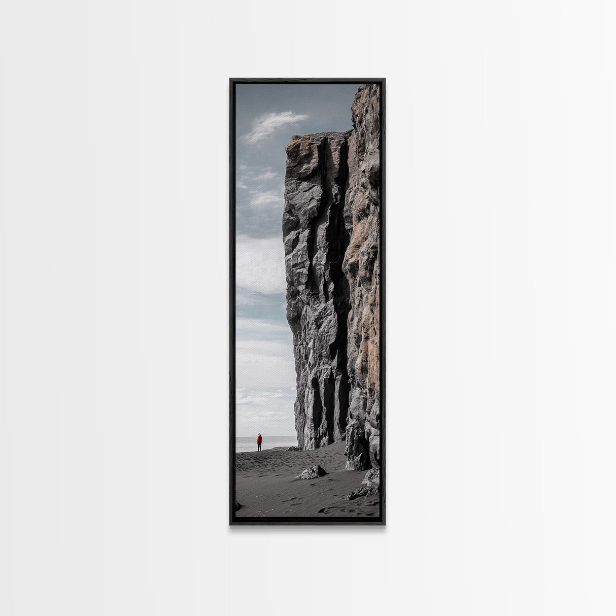 Cliff Wall, Ocean View, Lone Hiker, Rugged Coast, Framed Canvas Print, Adventure Art, Minimalist Decor, Office Wall Art, Modern Nature
