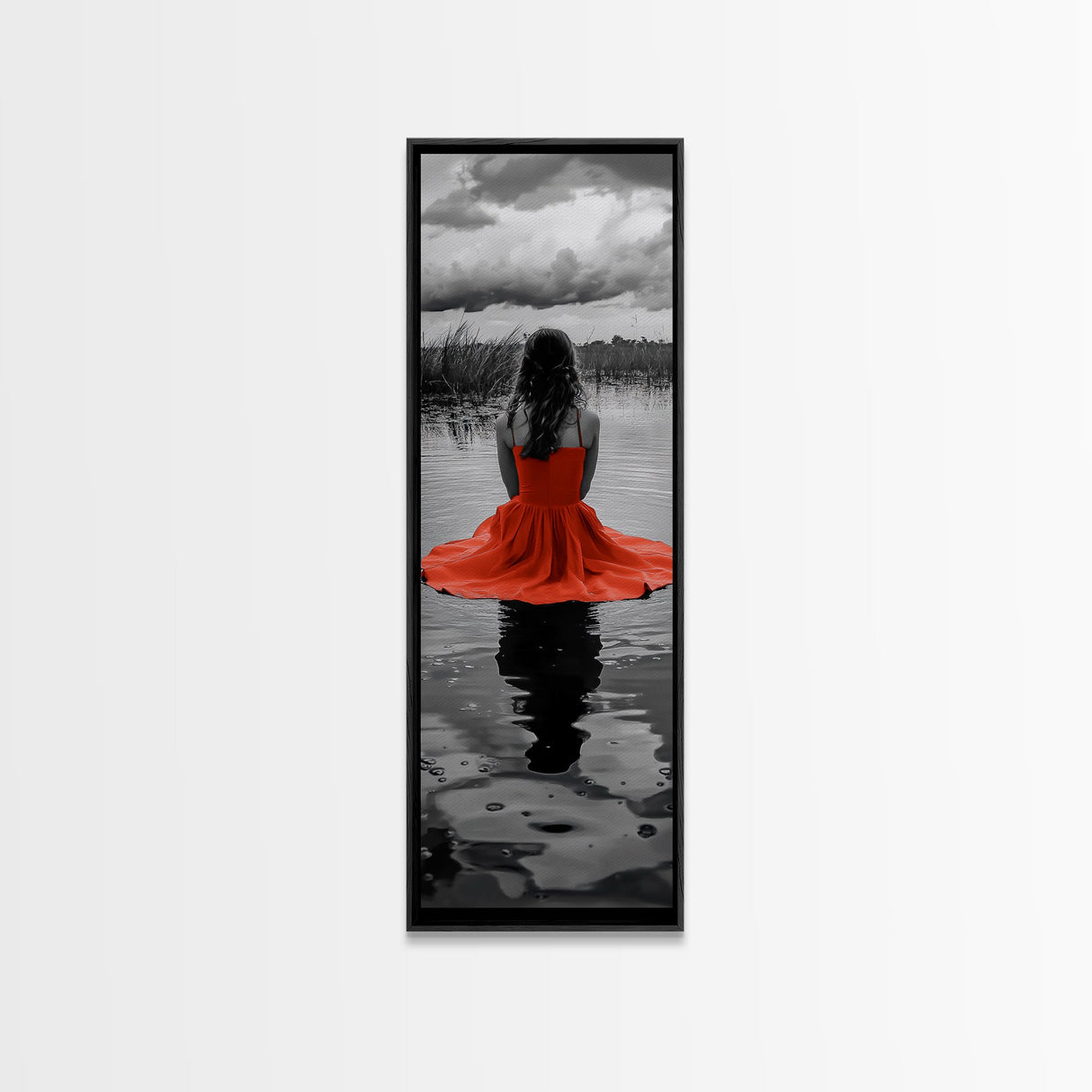Woman in Red, Serene Lake, Moody Reflections, Dramatic Art Scene, Canvas Print, Bedroom Wall Art, Romantic Decor, Adventure Themed Ar