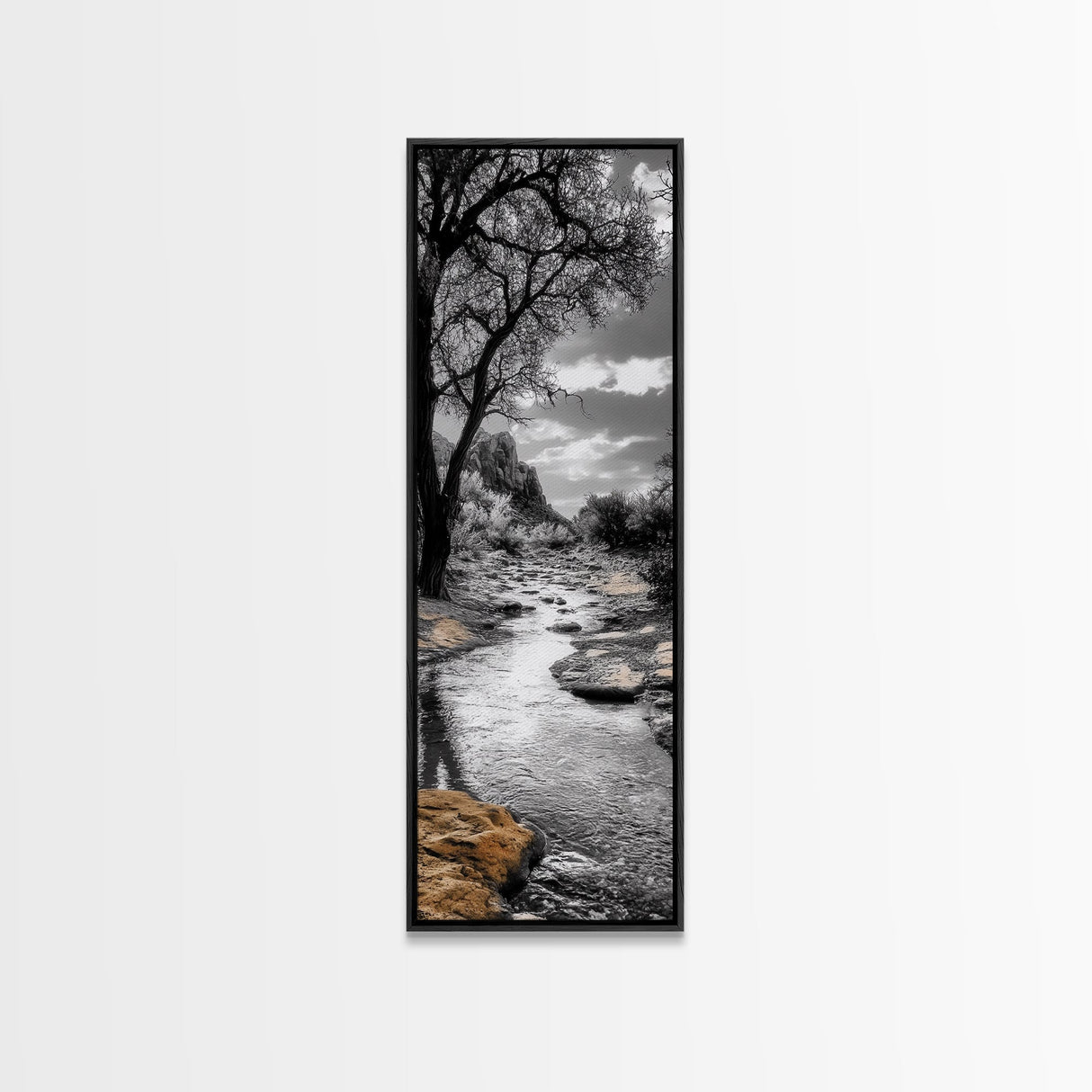 Desert Creek, Rocky Stream, Black and White Nature, Framed Canvas Print, Minimalist Southwest Art, Bedroom Decor, Monochrome Landscape
