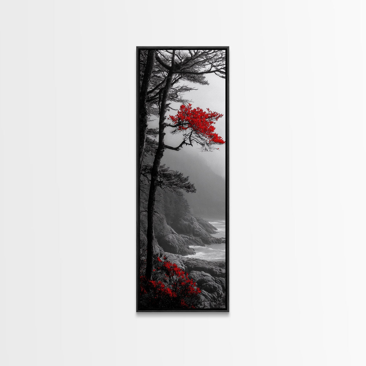 Red Tree, Misty Coast, Autumn Serenity, Coastal Nature Wall Art, Framed Canvas Print, Moody Landscape, Fall Living Room Decor, Minimalist Art