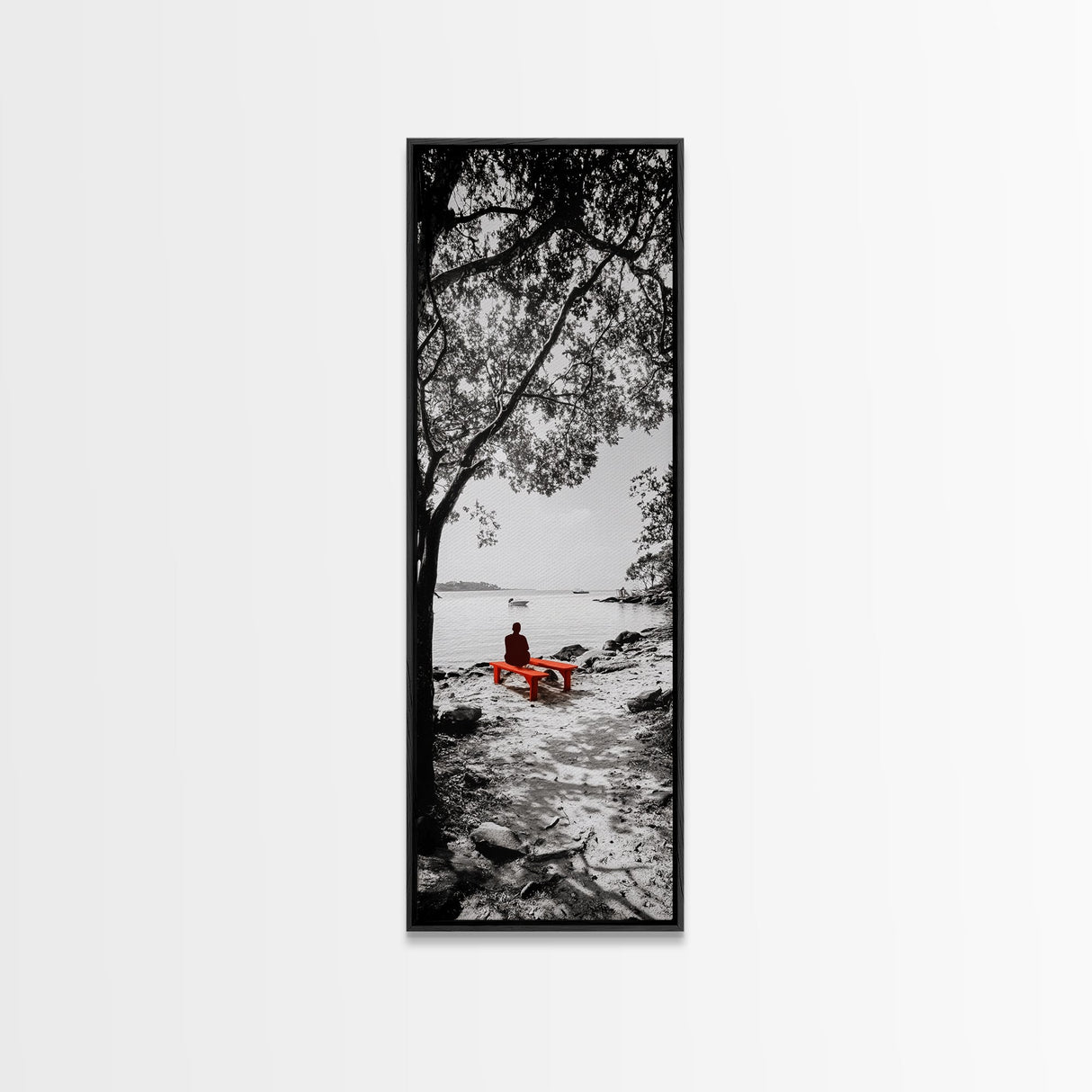 Lonely Figure, Red Bench, Reflective Scene, Peaceful Beach Wall Art, Framed Canvas Print, Black and White Photography, Zen Room Decor