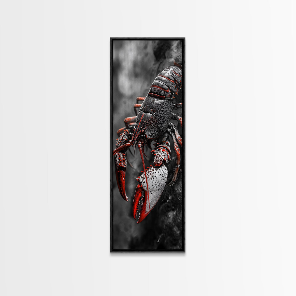Red Lobster, Detailed Sea Art, Macro Crustacean, Dark Marine Art, Striking Coastal Piece, Framed Canvas Print, Moody Office Wall Decor
