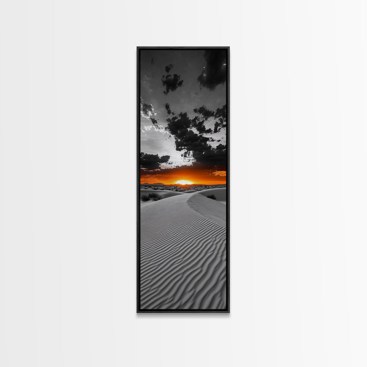 Desert Sunset, Sand Dunes, Fiery Horizon, Dramatic Sky, Framed Canvas Print, Modern Living Room Wall Art, Boho Earth Tone Decor