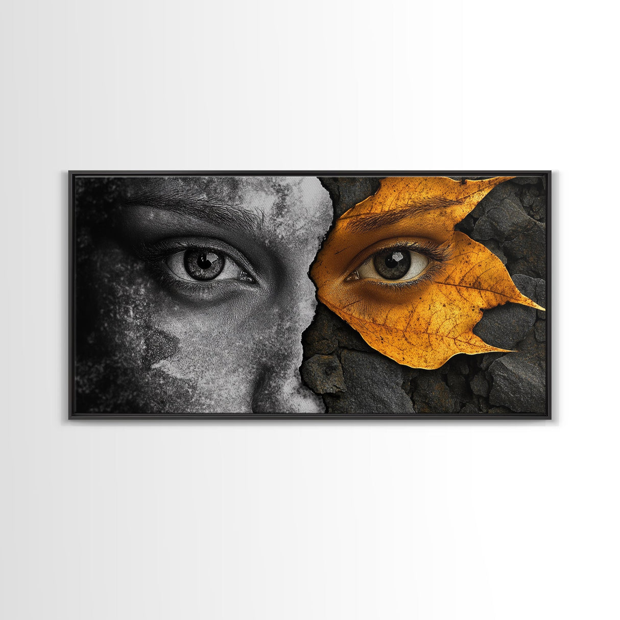 Eyes, Autumn, Leaves, Emotional duality in surreal leaf-face art on this Framed Canvas Print, Fall Decor and Unique Modern Living Room Art