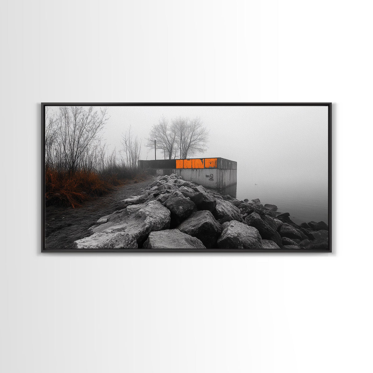 Fog Wall, Concrete Graffiti, Misty Lake Path, Framed Canvas Print, Urban Nature Blend, Moody Art, Hallway Decor, Modern Grayscale Style