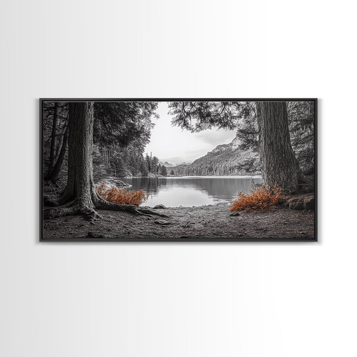 Forest Lake, Autumn Leaves, Nature Path, Woodland Style, Framed Canvas Print, Rustic Wall Art, Entryway Art, Cabin Wall Decor