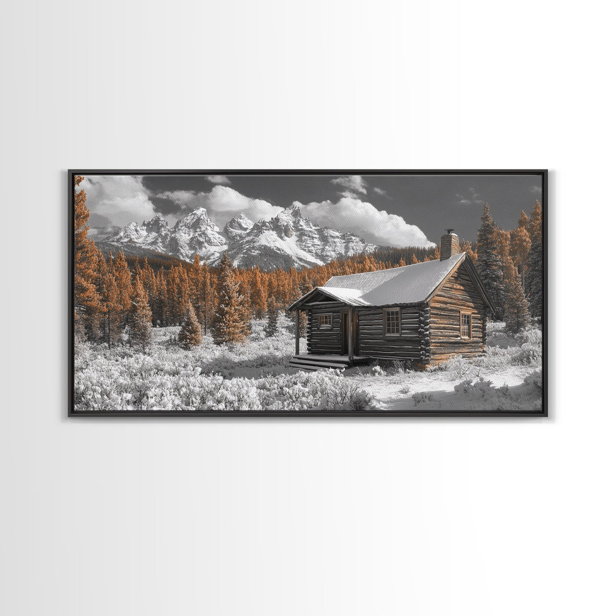 Snowy Cabin, Winter Landscape, Mountain Lodge, Rustic Retreat, Framed Canvas Print, Cozy Wall Art, Cabin Living, Holiday Decor