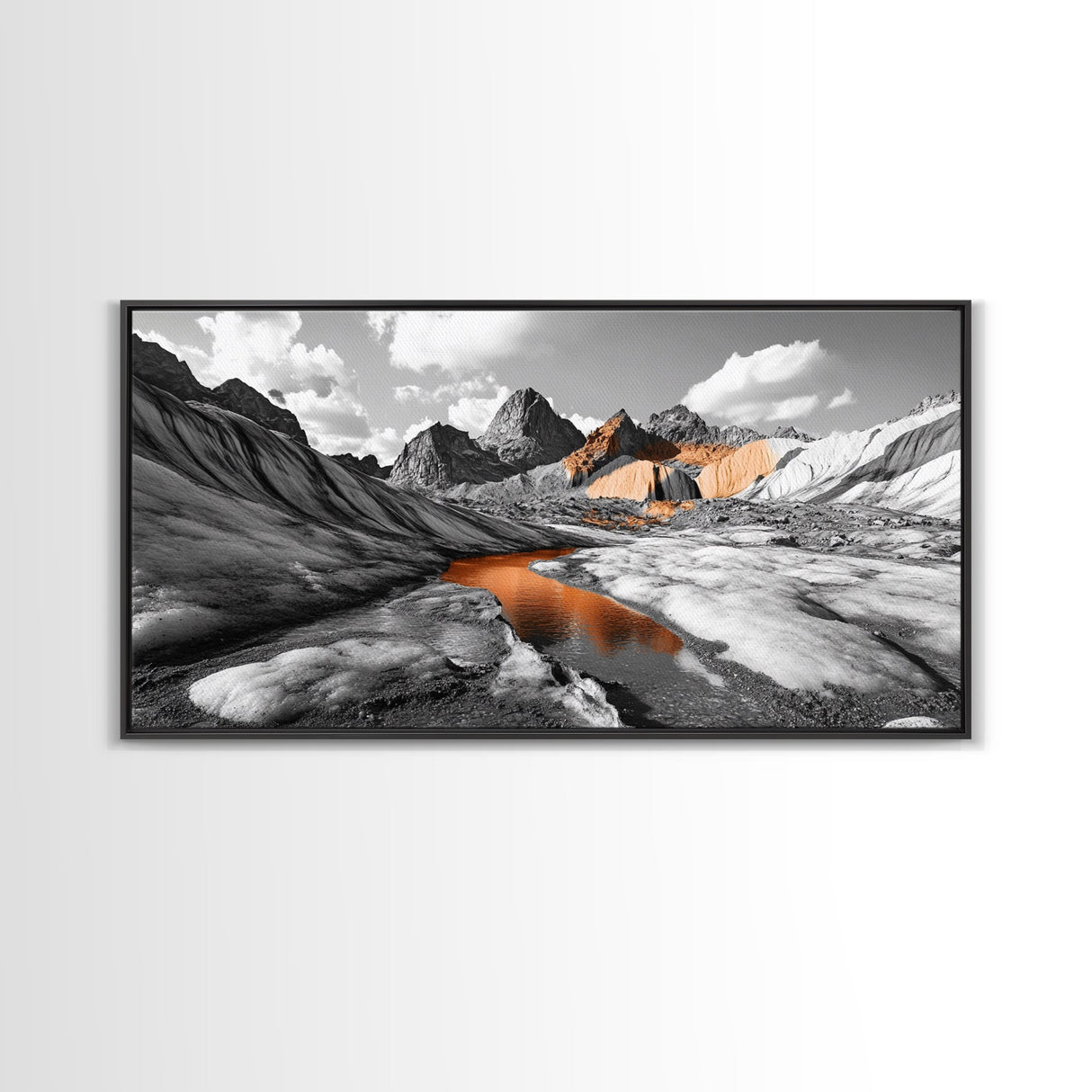 Glacial Canyon, Orange Reflection, Monochrome Mountain, Fall Landscape, Framed Canvas Print, Rustic Wall Decor, Adventure Photography