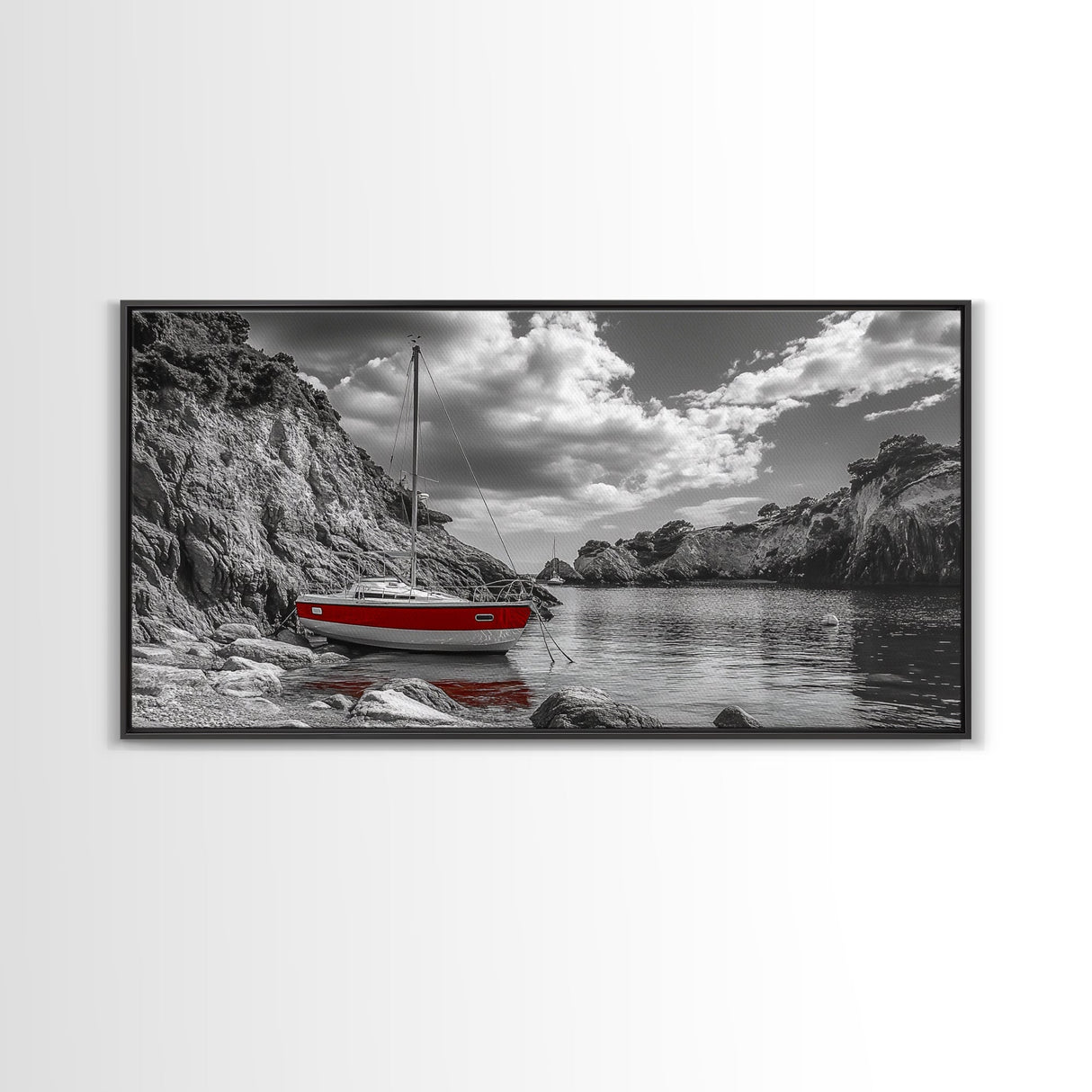 Red Sailboat, Rocky Cove, Tranquil Water, Coastal Escape, Canvas Print, Nautical Wall Art, Minimalist Seaside Style, Black White Art