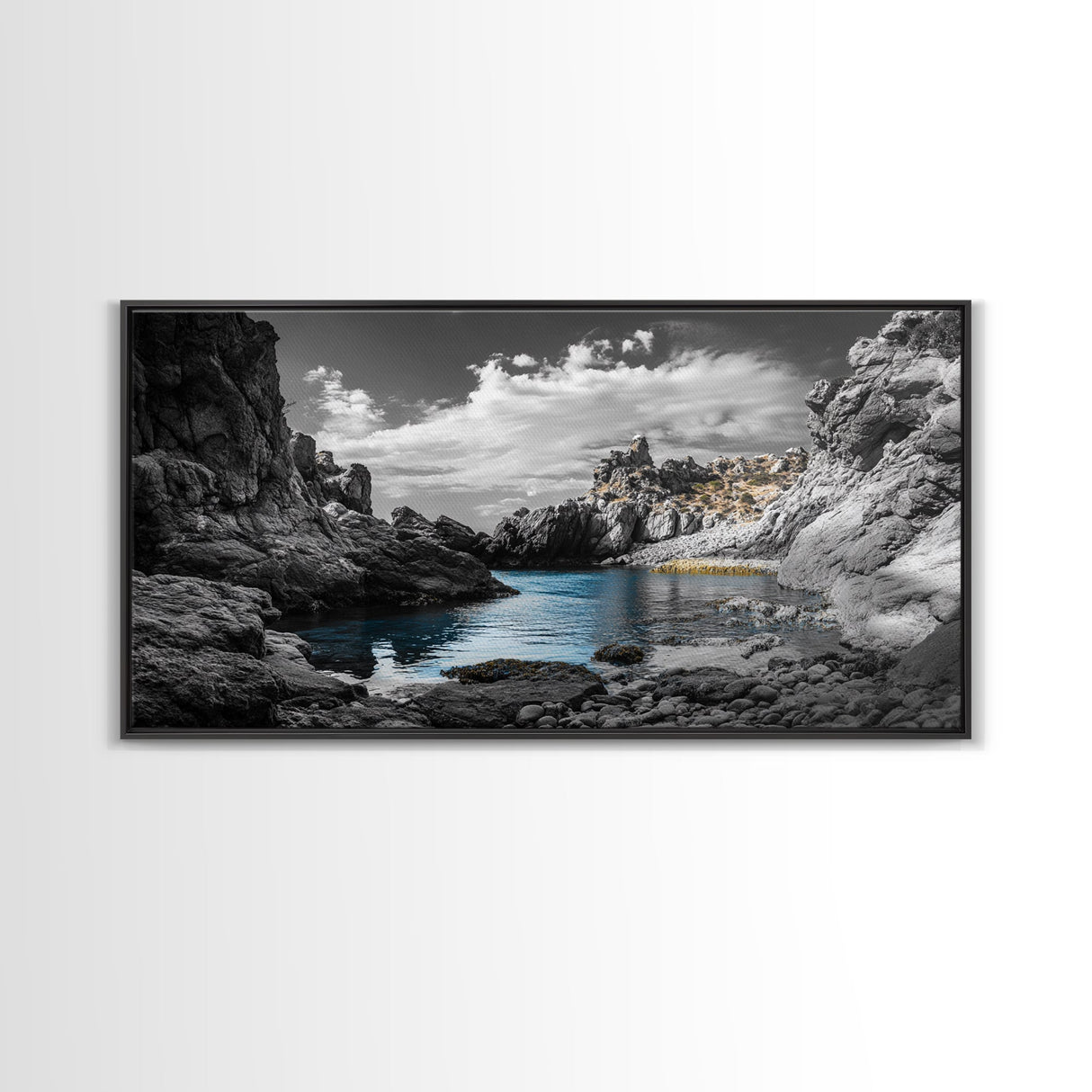 Hidden Cove, Blue Waters, Rugged Coast, Rocky Escape, Canvas Print, Nature Wall Art, Minimalist Seascape, Monochrome Landscape