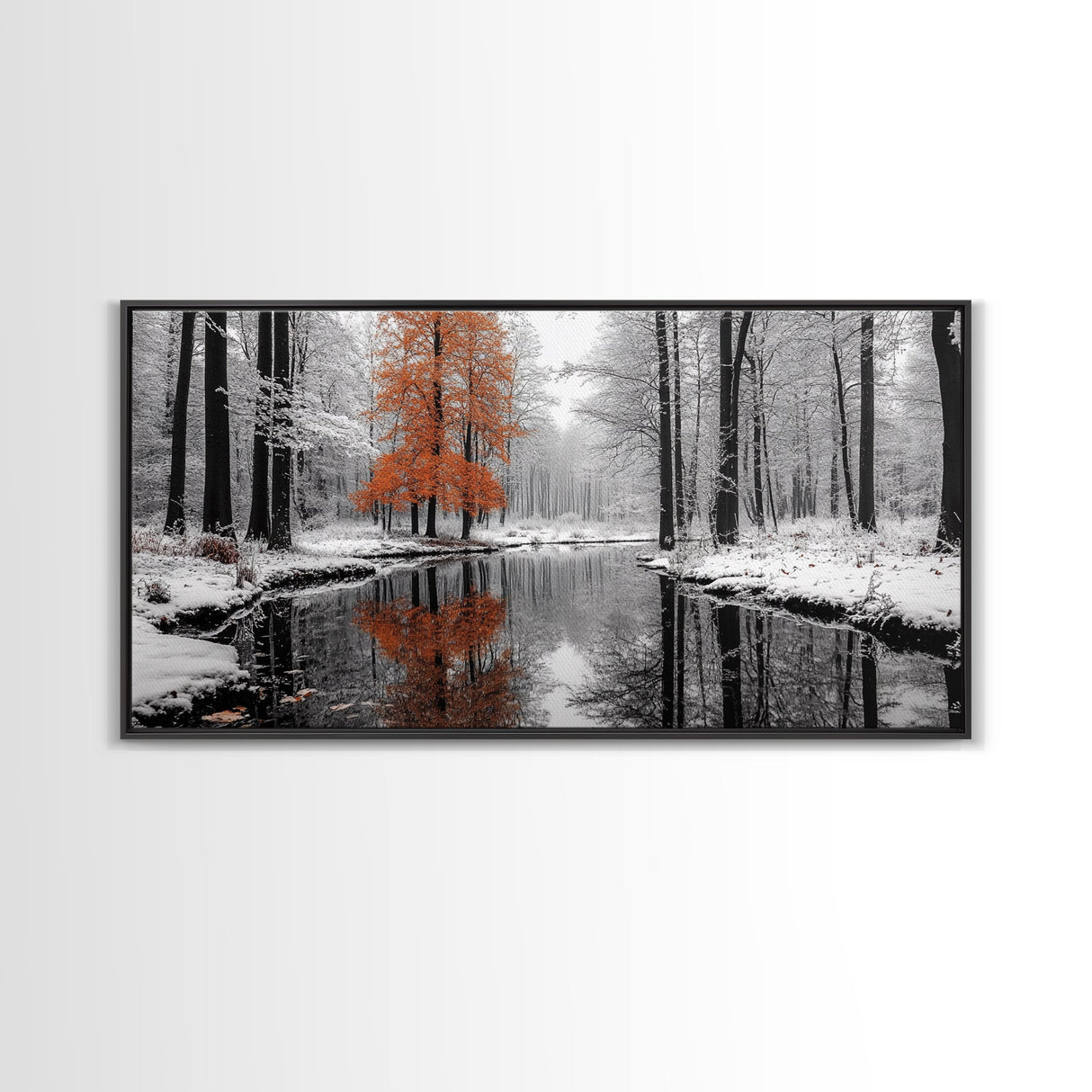 Orange Tree, Snow Forest, Winter River, Autumn Contrast, Canvas Print, Fall Wall Decor, Living Room Art, Nature Photography, Moody Art