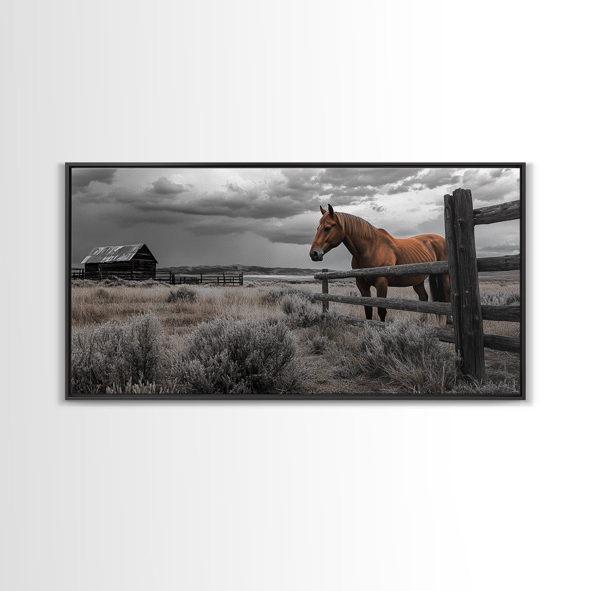 Rustic Horse, Country Fence, Western Scene, Moody Skies – Framed Canvas Print, Farmhouse Wall Art, Autumn Decor, Cabin Living, Cowboy Vibe