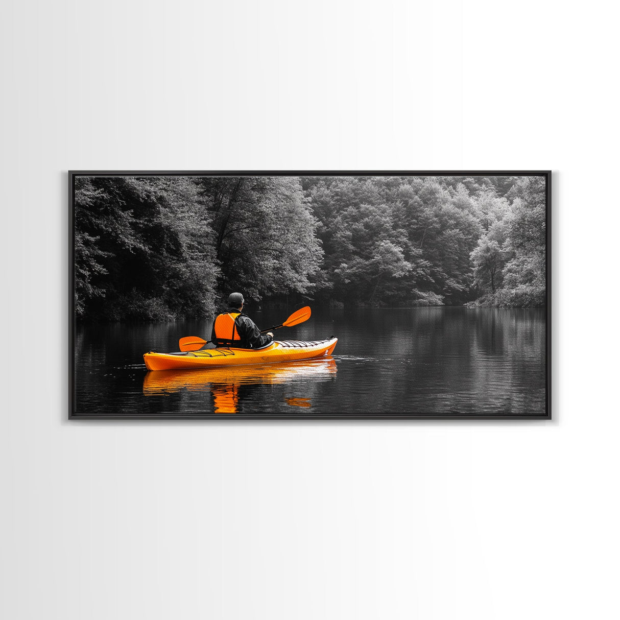 Kayaker Journey, Autumn Paddle, Wilderness Escape, Forest Calm – Canvas Print, Adventure Wall Art, Man Cave Decor, Nature Exploration Scene