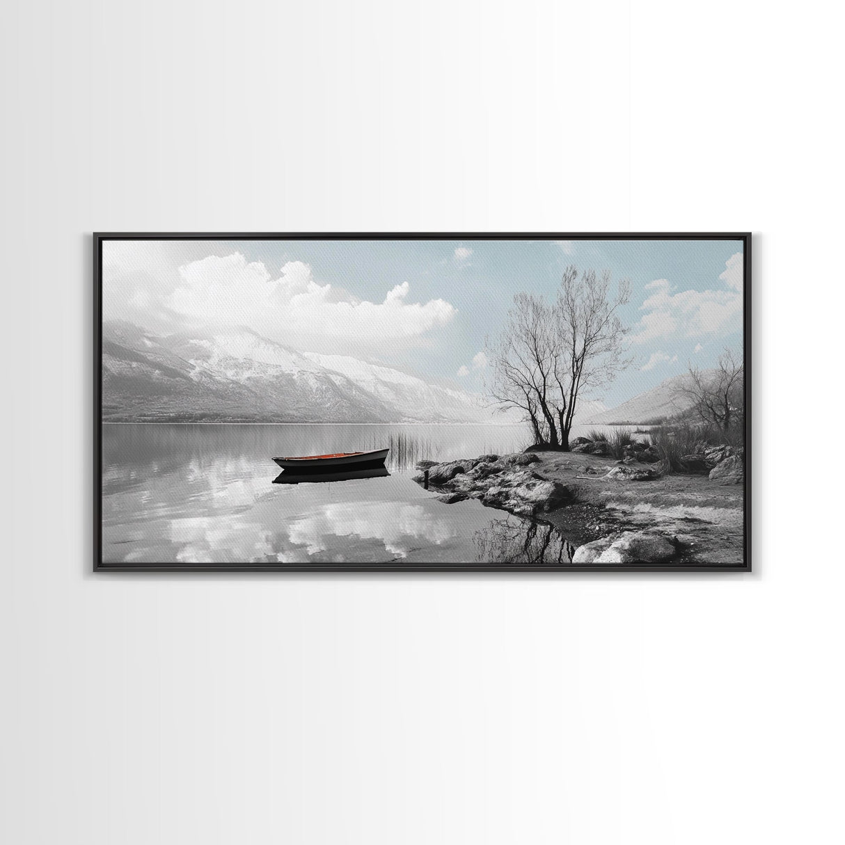 Solitary Boat, Alpine Lake, Tranquil Shore, Winter Silence – Canvas Print, Minimalist Wall Art, Bedroom Decor, Scandinavian Aesthetic