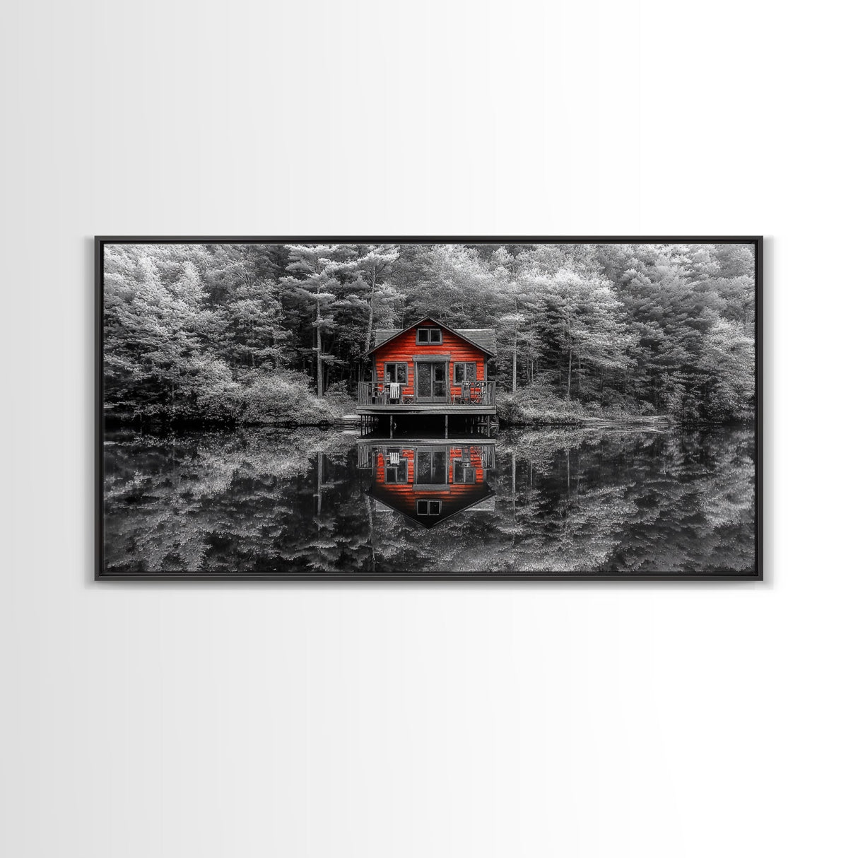 Red Cabin, Lake Reflection, Autumn Escape, Forest Retreat, Framed Canvas Print, Rustic Wall Art, Cabin Decor, Fall Living Room Artwork