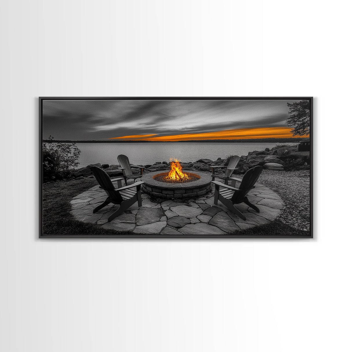Fire Pit, Sunset Glow, Adirondack Chairs, Lake View, Framed Canvas Print, Fall Wall Art, Rustic Decor, Cozy Living Room Wall Accent