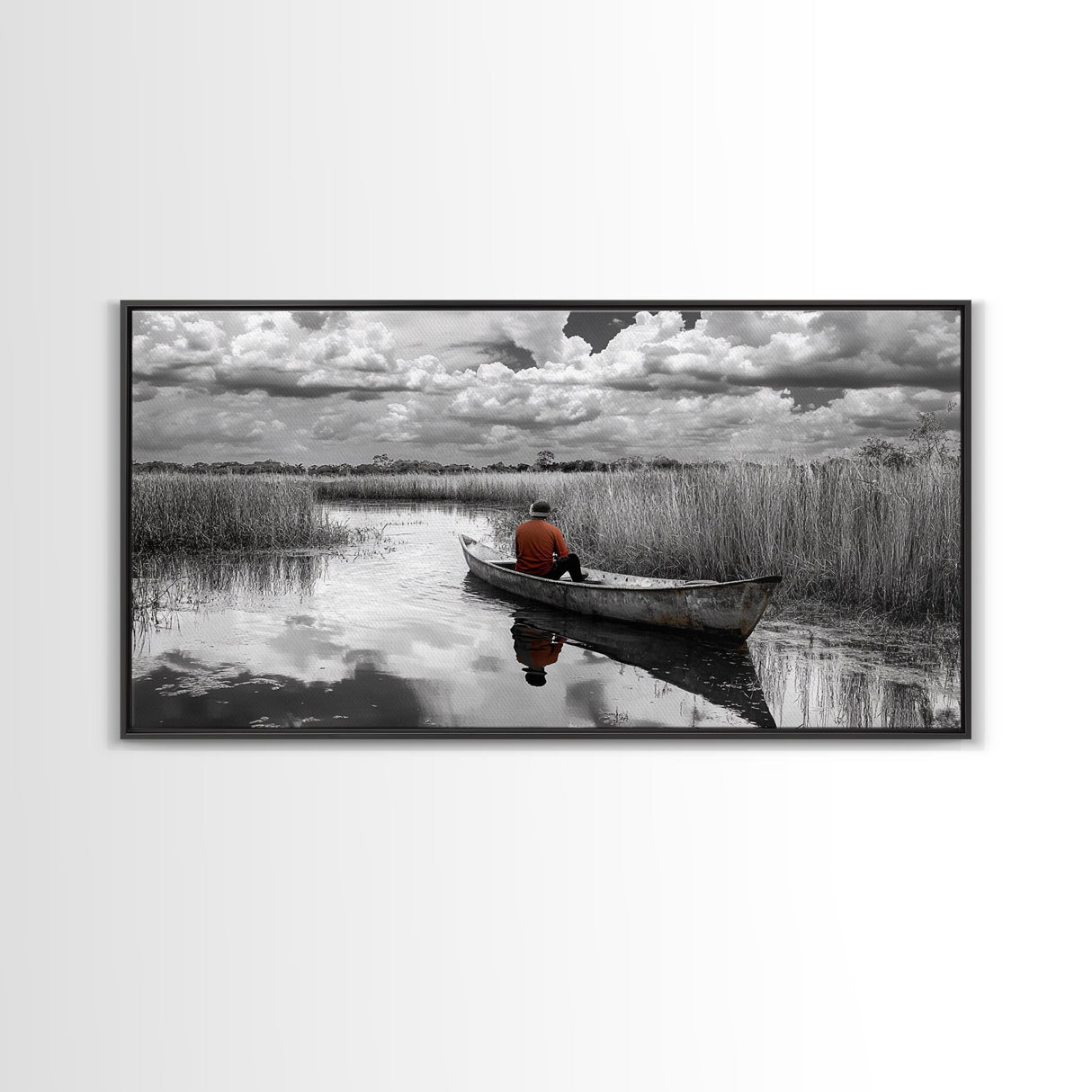 Solitary Canoe, Peaceful Waters, Cloudy Sky, Red Shirt, Framed Canvas Print, Nature Explorer Gift, Cabin Wall Art, Rustic Fall Scene