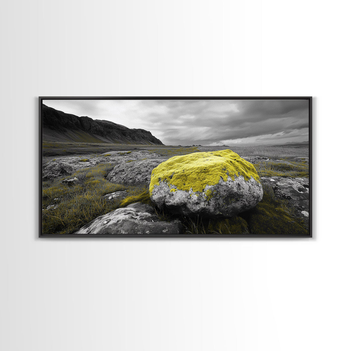 Yellow Moss Rock, Moody Nature Photography, Icelandic Landscape Art, Wilderness Inspired Canvas Print, Rustic Cabin Wall Decor