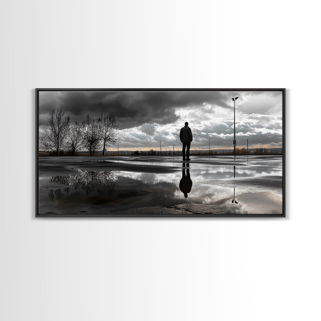 Solitude Reflection, Urban Mood, Moody Skies, Canvas Print, Modern Wall Art, Entryway Decor, Urban Photography, Minimalist Art, Rainy Day Art