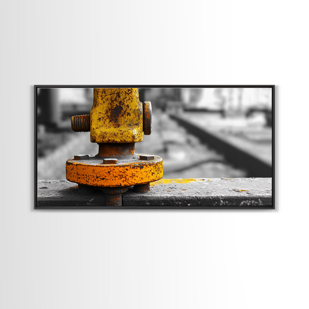 Industrial Bolt Closeup, Yellow Metal, Grunge Texture, Modern Industrial Art, Framed Canvas Print, Garage Wall Decor, Urban Loft Style