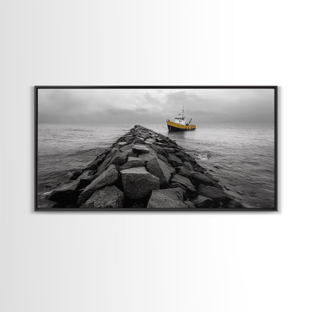 Ship At Sea, Yellow Boat, Ocean Journey, Nautical Photography, Canvas Print, Coastal Wall Art, Bathroom Decor, Minimalist Ocean Art