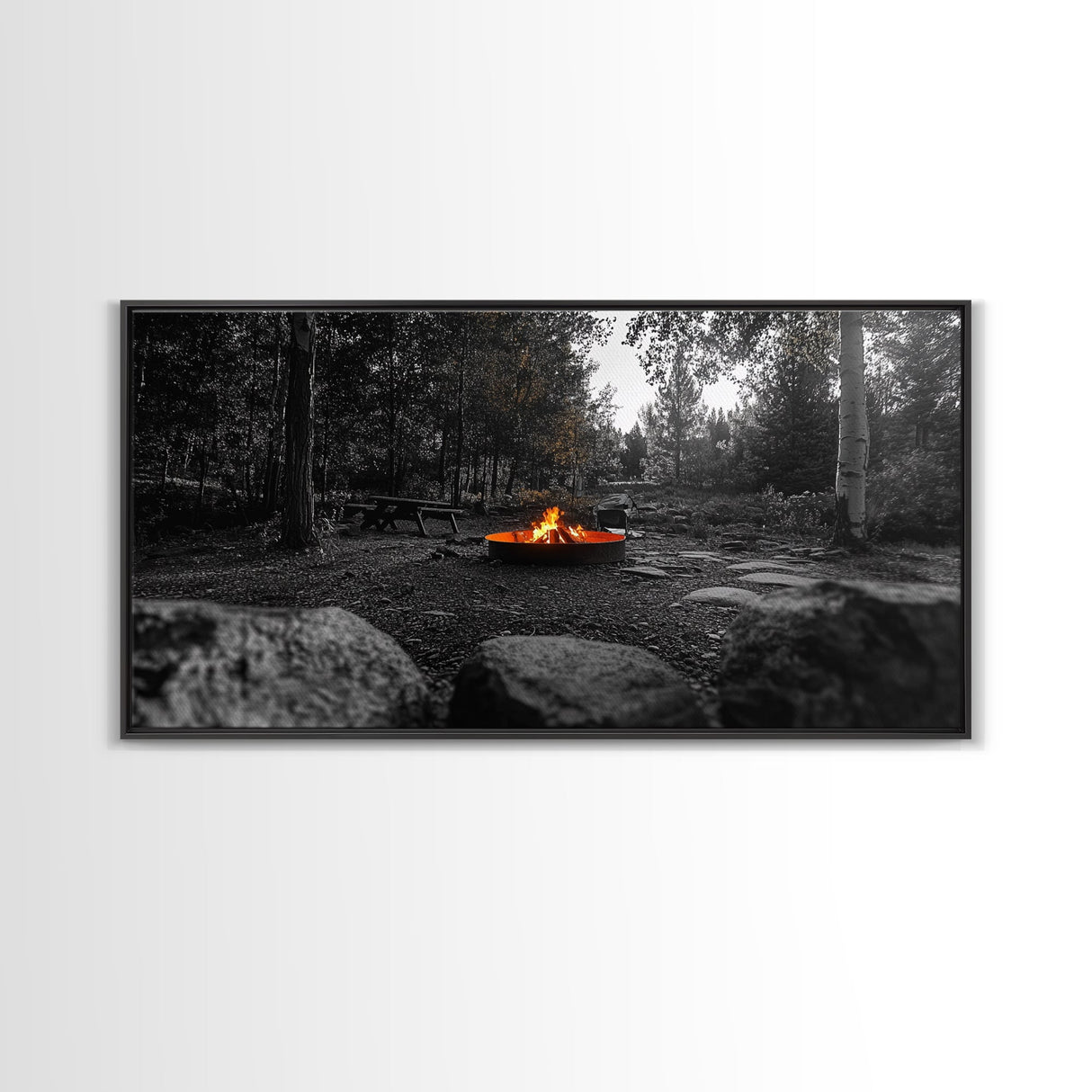 Forest Campfire, Glowing Flames, Outdoor Retreat, Cozy Autumn, Framed Canvas Print, Rustic Wall Decor, Fall Living Room Art, Nature Scene